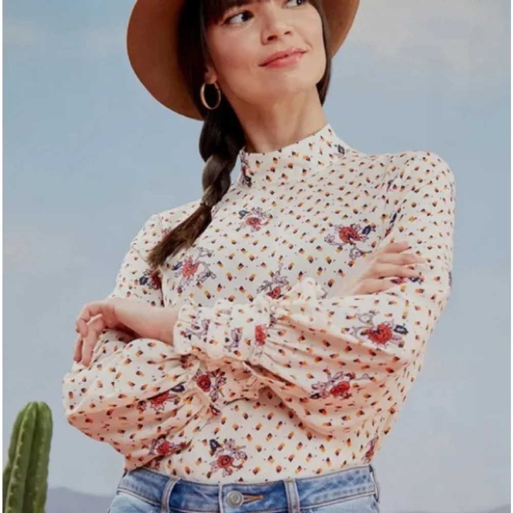 ModCloth A Grace of One's Own chiffon blouse women M cream floral Mock Neck Top